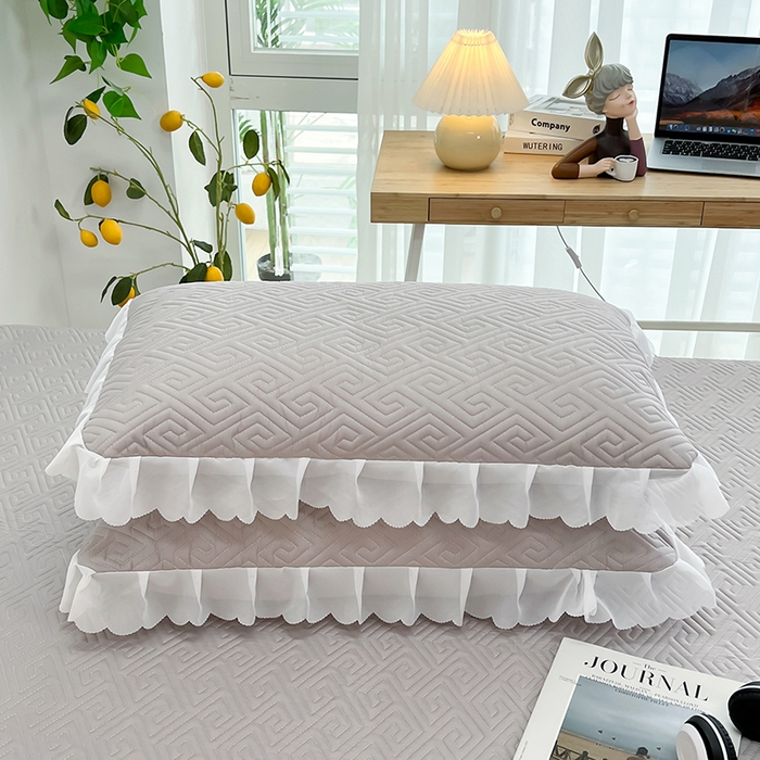 91家纺网 家纺一手货源 找家纺 梦舒羽2025新款夹棉花边双人枕套单人加厚短款枕芯套-单只装 浅灰