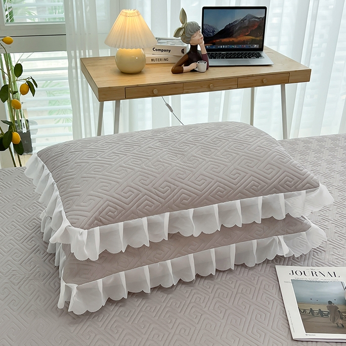 91家纺网 家纺一手货源 找家纺 梦舒羽2025新款夹棉花边双人枕套单人加厚短款枕芯套-单只装 浅灰