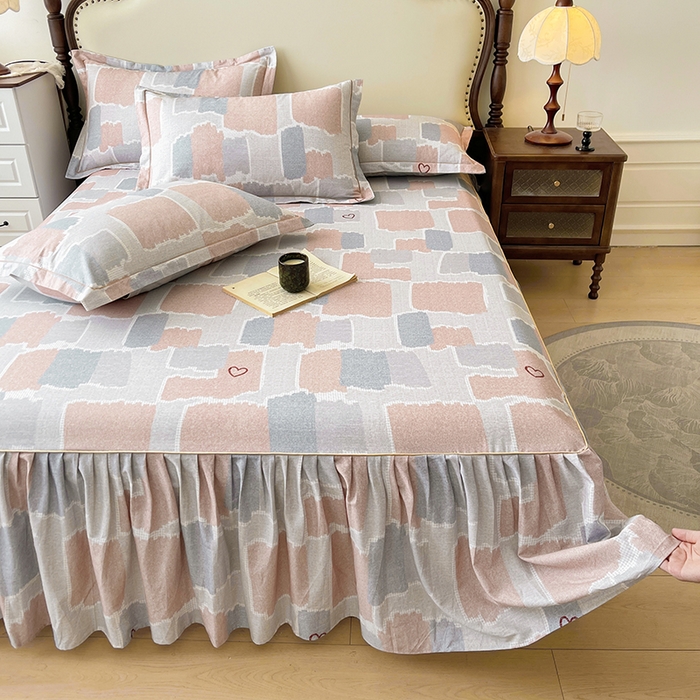 91家纺网 家纺一手货源 找家纺 名优家纺 2025新款100%全棉纯棉磨毛数码印花床裙单品床裙单件单床裙 安格斯-粉