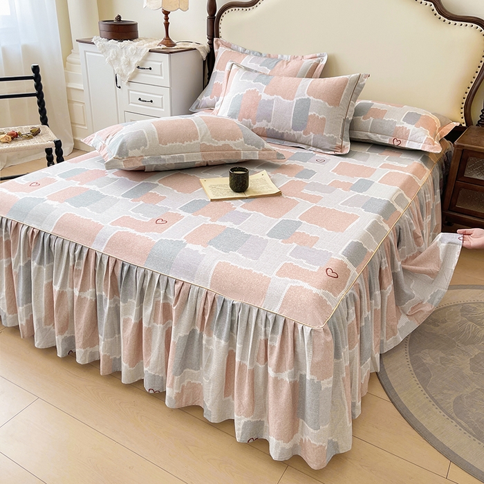 91家纺网 家纺一手货源 找家纺 名优家纺 2025新款100%全棉纯棉磨毛数码印花床裙单品床裙单件单床裙 安格斯-粉