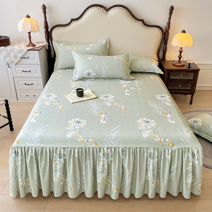 91家纺网 家纺一手货源 找家纺 名优家纺 2025新款100%全棉纯棉磨毛数码印花床裙单品床裙单件单床裙 芙语-绿