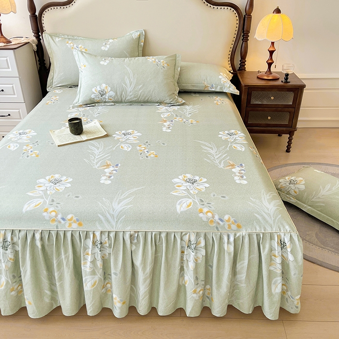 91家纺网 家纺一手货源 找家纺 名优家纺 2025新款100%全棉纯棉磨毛数码印花床裙单品床裙单件单床裙 芙语-绿