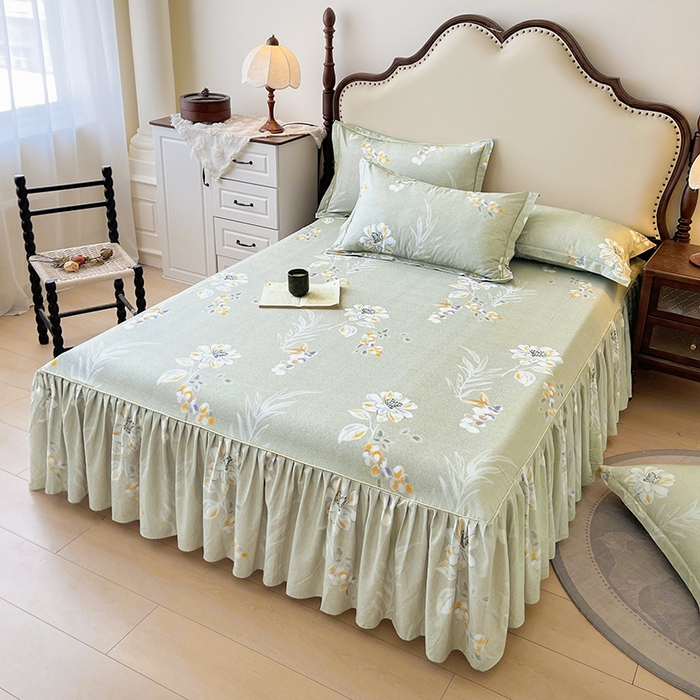 91家纺网 家纺一手货源 找家纺 名优家纺 2025新款100%全棉纯棉磨毛数码印花床裙单品床裙单件单床裙 芙语-绿