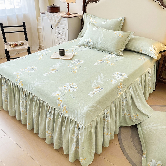 91家纺网 家纺一手货源 找家纺 名优家纺 2025新款100%全棉纯棉磨毛数码印花床裙单品床裙单件单床裙 芙语-绿