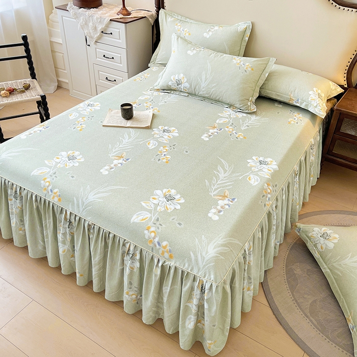 91家纺网 家纺一手货源 找家纺 名优家纺 2025新款100%全棉纯棉磨毛数码印花床裙单品床裙单件单床裙 芙语-绿