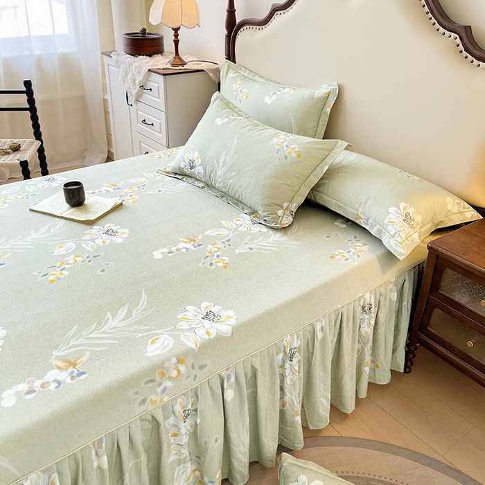 91家纺网 家纺一手货源 找家纺 名优家纺 2025新款100%全棉纯棉磨毛数码印花床裙单品床裙单件单床裙 芙语-绿