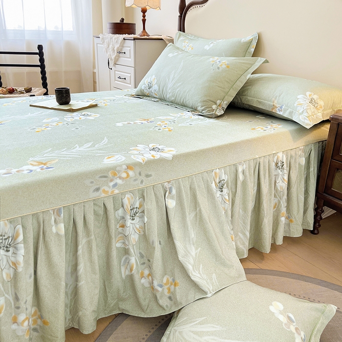 91家纺网 家纺一手货源 找家纺 名优家纺 2025新款100%全棉纯棉磨毛数码印花床裙单品床裙单件单床裙 芙语-绿