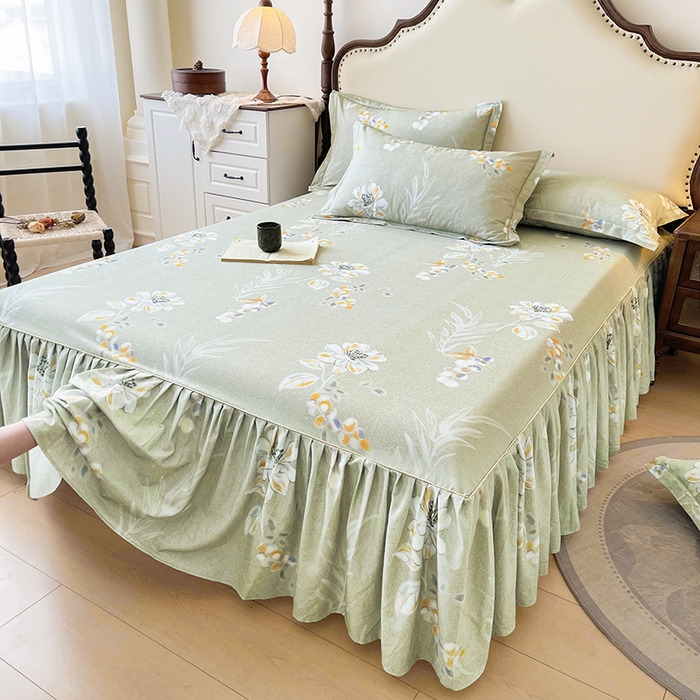 91家纺网 家纺一手货源 找家纺 名优家纺 2025新款100%全棉纯棉磨毛数码印花床裙单品床裙单件单床裙 芙语-绿