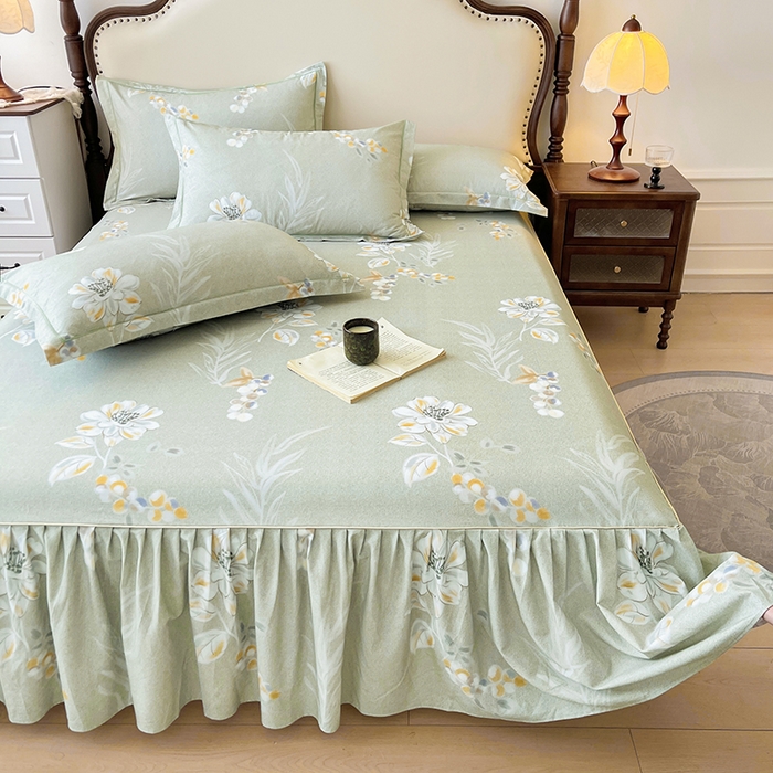 91家纺网 家纺一手货源 找家纺 名优家纺 2025新款100%全棉纯棉磨毛数码印花床裙单品床裙单件单床裙 芙语-绿