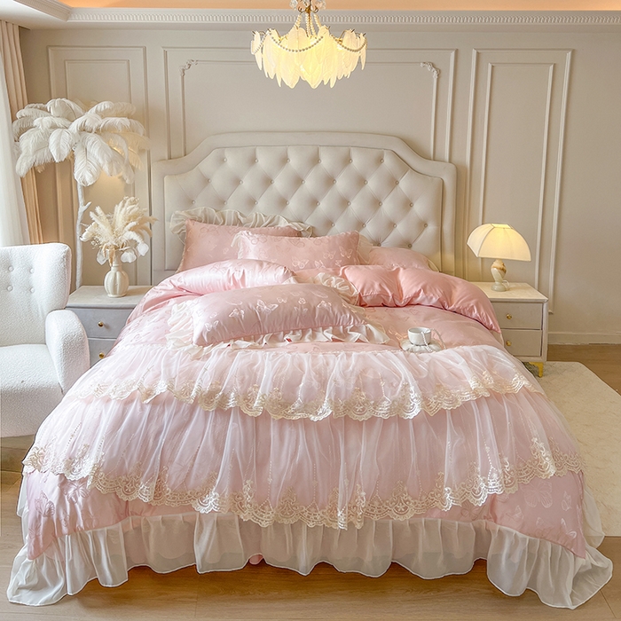 网红馆（ck家纺） 2025新款提花蕾丝花边床裙四件套 蝶影星光-粉