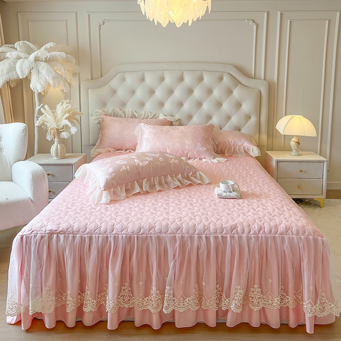 91家纺网 家纺一手货源 找家纺 网红馆（ck家纺） 2025新款提花蕾丝花边床裙四件套 蝶影星光-粉