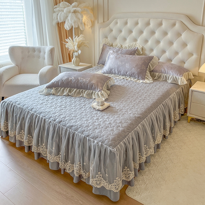 91家纺网 家纺一手货源 找家纺 网红馆（ck家纺） 2025新款提花蕾丝花边床裙四件套 蝶影星光-灰