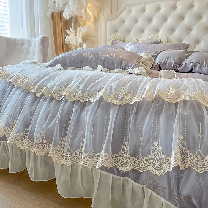 91家纺网 家纺一手货源 找家纺 网红馆（ck家纺） 2025新款提花蕾丝花边床裙四件套 蝶影星光-灰