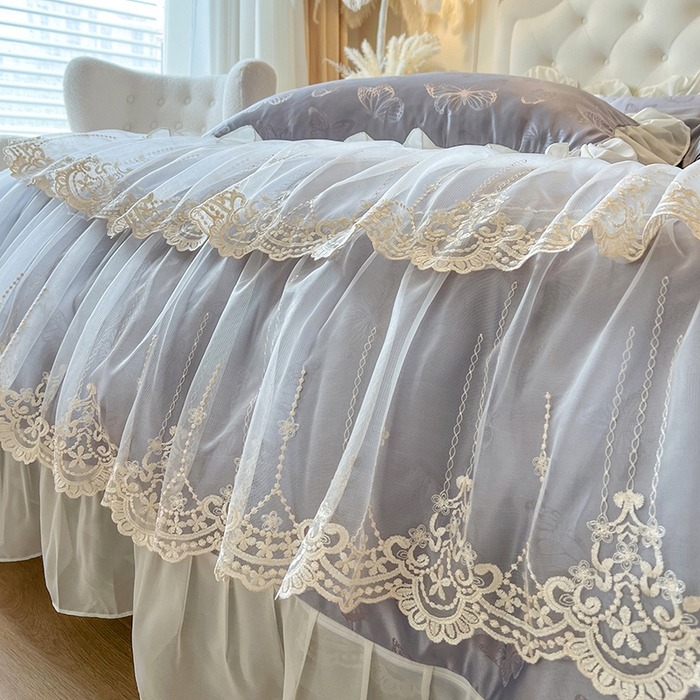 91家纺网 家纺一手货源 找家纺 网红馆（ck家纺） 2025新款提花蕾丝花边床裙四件套 蝶影星光-灰