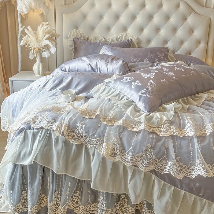 91家纺网 家纺一手货源 找家纺 网红馆（ck家纺） 2025新款提花蕾丝花边床裙四件套 蝶影星光-灰