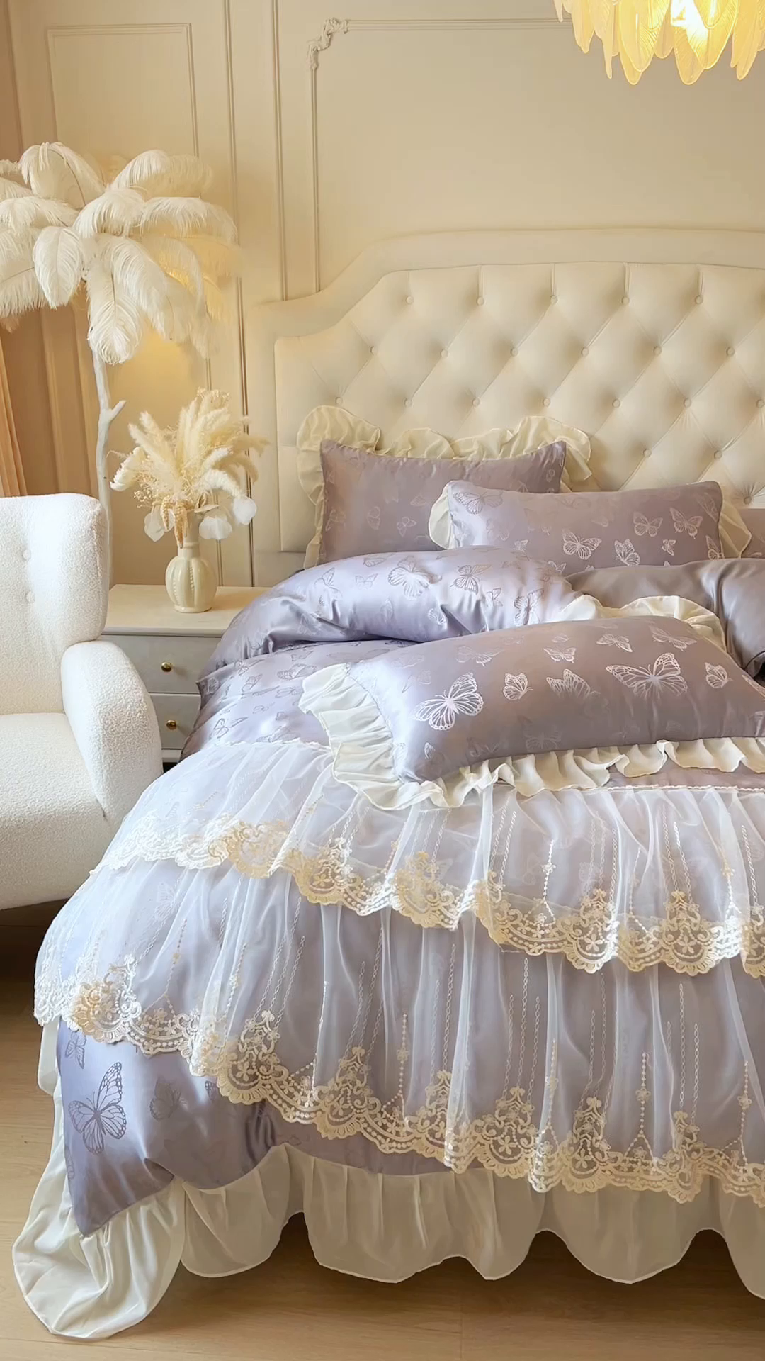 91家纺网 家纺一手货源 找家纺 网红馆（ck家纺） 2025新款提花蕾丝花边床裙四件套 蝶影星光-灰