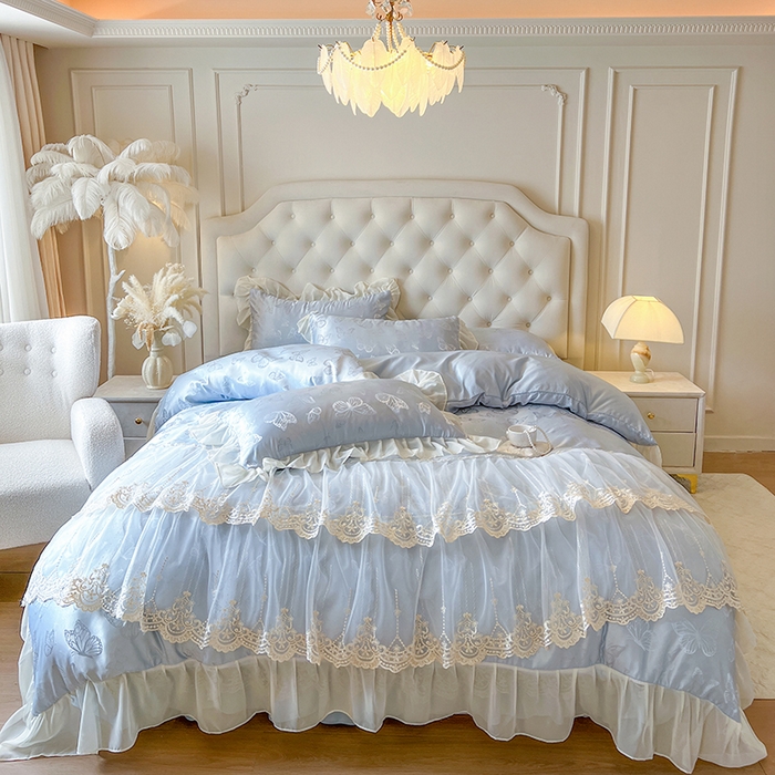 网红馆（ck家纺） 2025新款提花蕾丝花边床裙四件套 蝶影星光-蓝