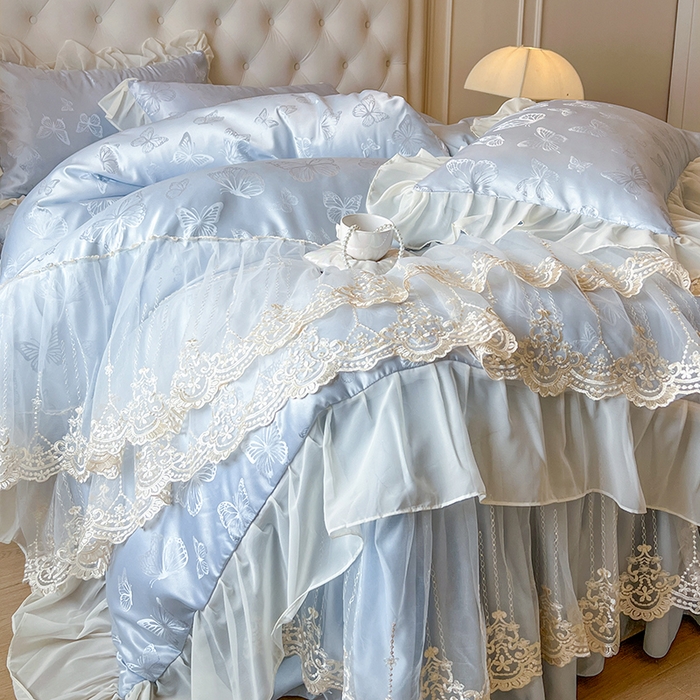 91家纺网 家纺一手货源 找家纺 网红馆（ck家纺） 2025新款提花蕾丝花边床裙四件套 蝶影星光-蓝