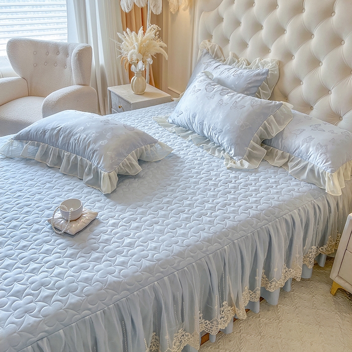 91家纺网 家纺一手货源 找家纺 网红馆（ck家纺） 2025新款提花蕾丝花边床裙四件套 蝶影星光-蓝