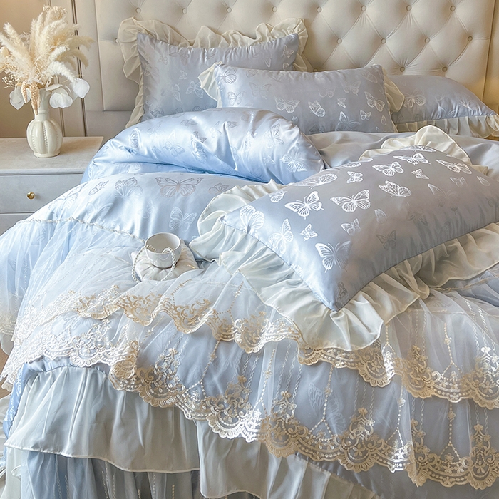 91家纺网 家纺一手货源 找家纺 网红馆（ck家纺） 2025新款提花蕾丝花边床裙四件套 蝶影星光-蓝