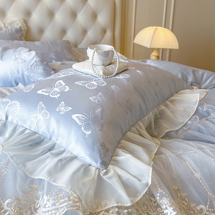 91家纺网 家纺一手货源 找家纺 网红馆（ck家纺） 2025新款提花蕾丝花边床裙四件套 蝶影星光-蓝