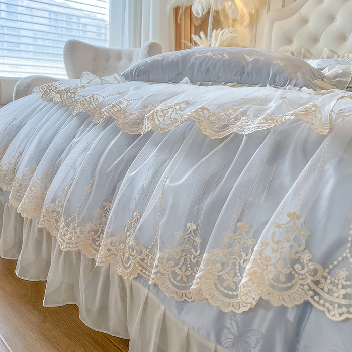 91家纺网 家纺一手货源 找家纺 网红馆（ck家纺） 2025新款提花蕾丝花边床裙四件套 蝶影星光-蓝