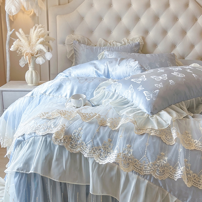 91家纺网 家纺一手货源 找家纺 网红馆（ck家纺） 2025新款提花蕾丝花边床裙四件套 蝶影星光-蓝