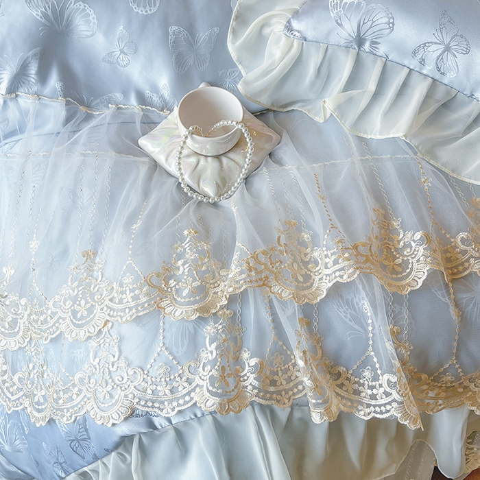 91家纺网 家纺一手货源 找家纺 网红馆（ck家纺） 2025新款提花蕾丝花边床裙四件套 蝶影星光-蓝