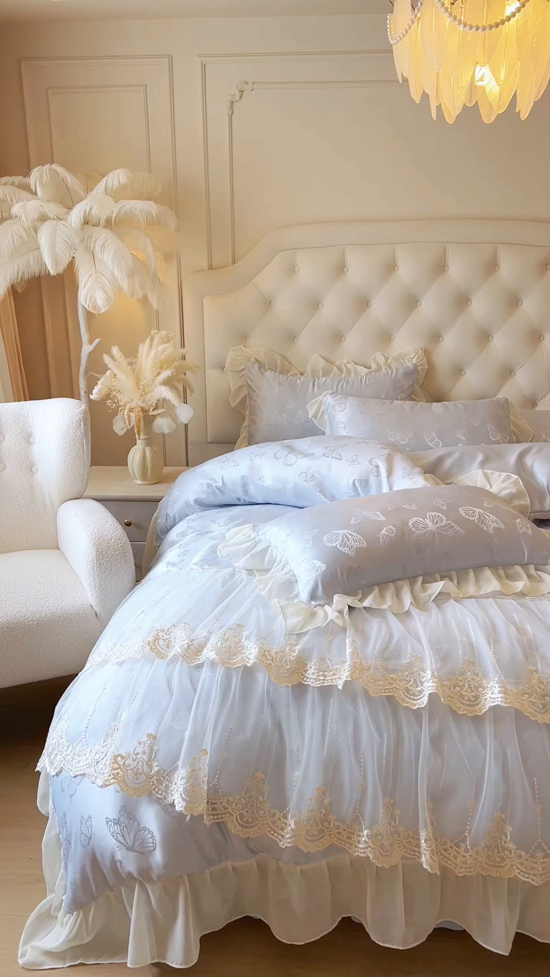 91家纺网 家纺一手货源 找家纺 网红馆（ck家纺） 2025新款提花蕾丝花边床裙四件套 蝶影星光-蓝