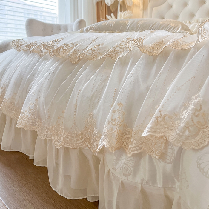 91家纺网 家纺一手货源 找家纺 网红馆（ck家纺） 2025新款提花蕾丝花边床裙四件套 蝶影星光-米