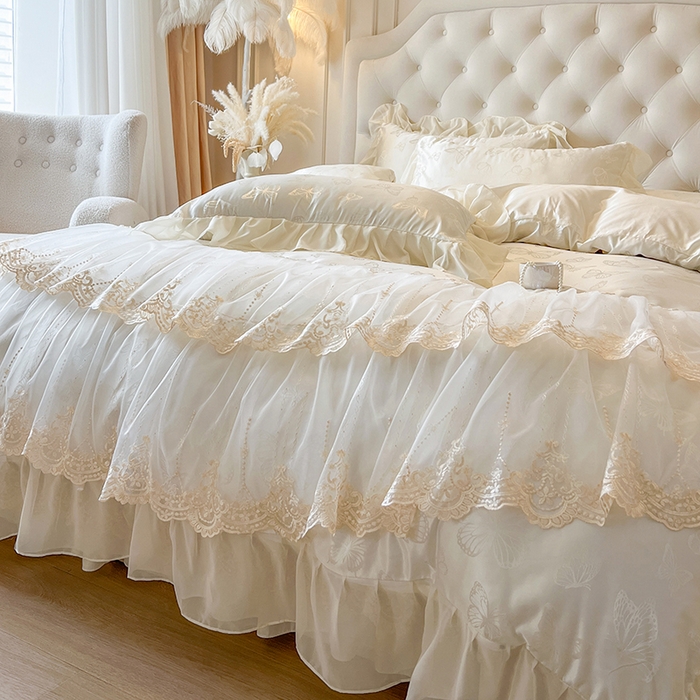 91家纺网 家纺一手货源 找家纺 网红馆（ck家纺） 2025新款提花蕾丝花边床裙四件套 蝶影星光-米