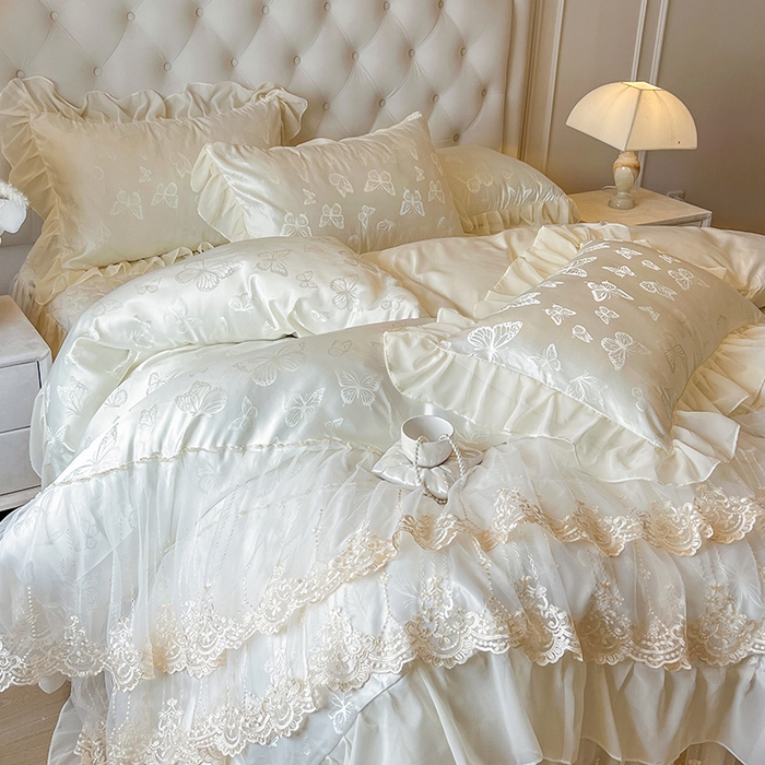 91家纺网 家纺一手货源 找家纺 网红馆（ck家纺） 2025新款提花蕾丝花边床裙四件套 蝶影星光-米