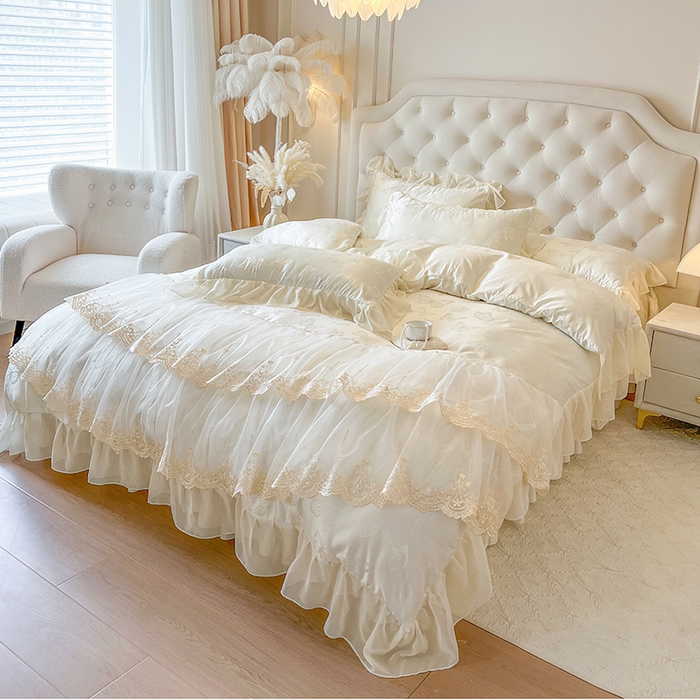 91家纺网 家纺一手货源 找家纺 网红馆（ck家纺） 2025新款提花蕾丝花边床裙四件套 蝶影星光-米