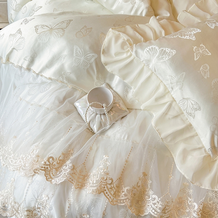 91家纺网 家纺一手货源 找家纺 网红馆（ck家纺） 2025新款提花蕾丝花边床裙四件套 蝶影星光-米