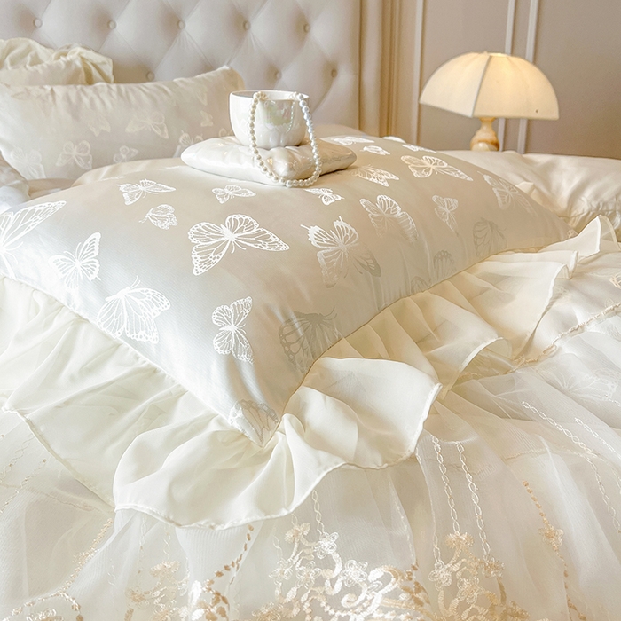 91家纺网 家纺一手货源 找家纺 网红馆（ck家纺） 2025新款提花蕾丝花边床裙四件套 蝶影星光-米