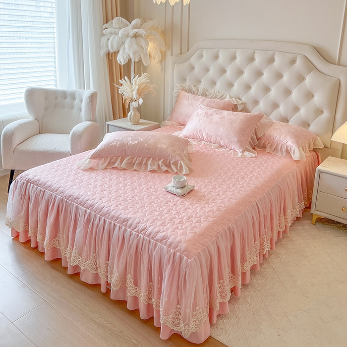 91家纺网 家纺一手货源 找家纺 网红馆（ck家纺） 2025新款提花蕾丝花边床裙单床裙床裙单品 蝶影星光-粉