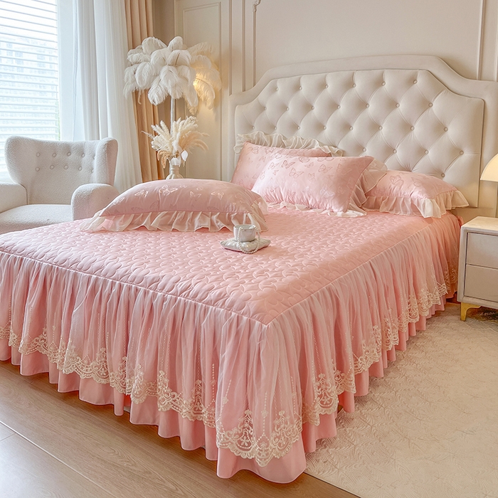 91家纺网 家纺一手货源 找家纺 网红馆（ck家纺） 2025新款提花蕾丝花边床裙单床裙床裙单品 蝶影星光-粉