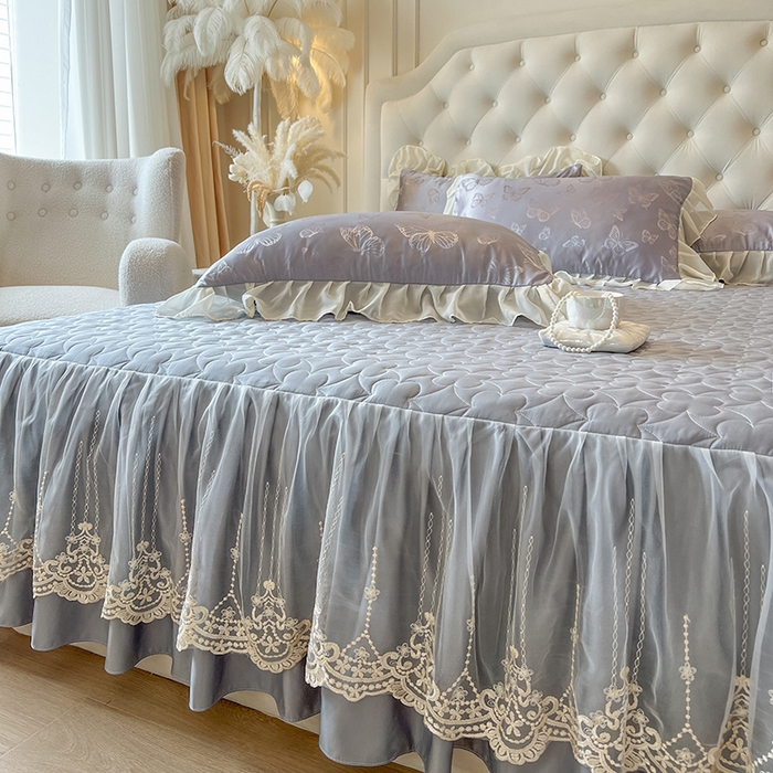 91家纺网 家纺一手货源 找家纺 网红馆（ck家纺） 2025新款提花蕾丝花边床裙单床裙床裙单品 蝶影星光-灰