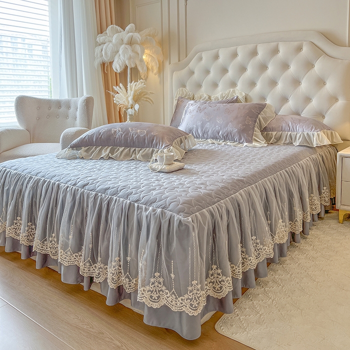 91家纺网 家纺一手货源 找家纺 网红馆（ck家纺） 2025新款提花蕾丝花边床裙单床裙床裙单品 蝶影星光-灰