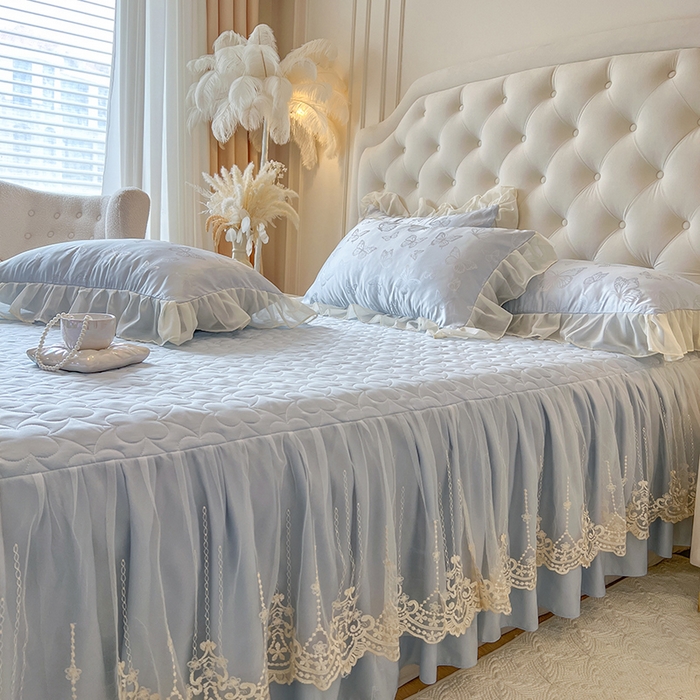 91家纺网 家纺一手货源 找家纺 网红馆（ck家纺） 2025新款提花蕾丝花边床裙单床裙床裙单品 蝶影星光-蓝