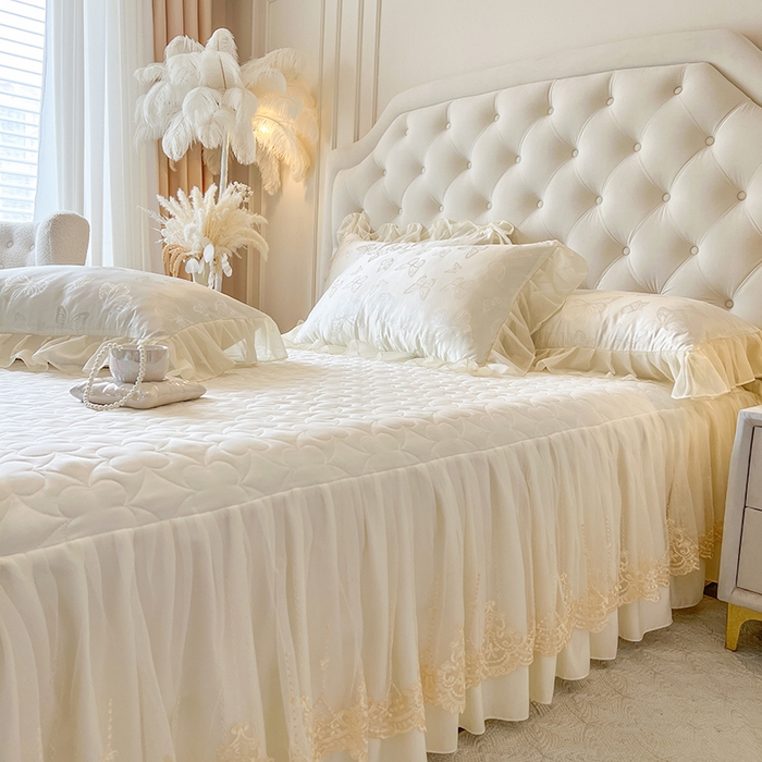 91家纺网 家纺一手货源 找家纺 网红馆（ck家纺） 2025新款提花蕾丝花边床裙单床裙床裙单品 蝶影星光-米