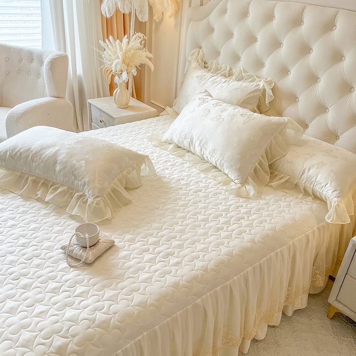 91家纺网 家纺一手货源 找家纺 网红馆（ck家纺） 2025新款提花蕾丝花边床裙单床裙床裙单品 蝶影星光-米