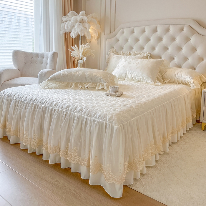 91家纺网 家纺一手货源 找家纺 网红馆（ck家纺） 2025新款提花蕾丝花边床裙单床裙床裙单品 蝶影星光-米