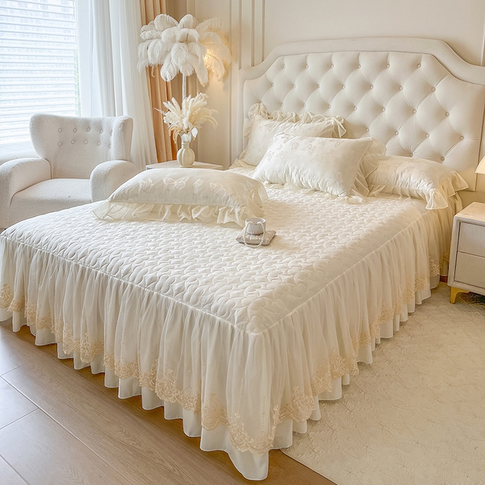 91家纺网 家纺一手货源 找家纺 网红馆（ck家纺） 2025新款提花蕾丝花边床裙单床裙床裙单品 蝶影星光-米