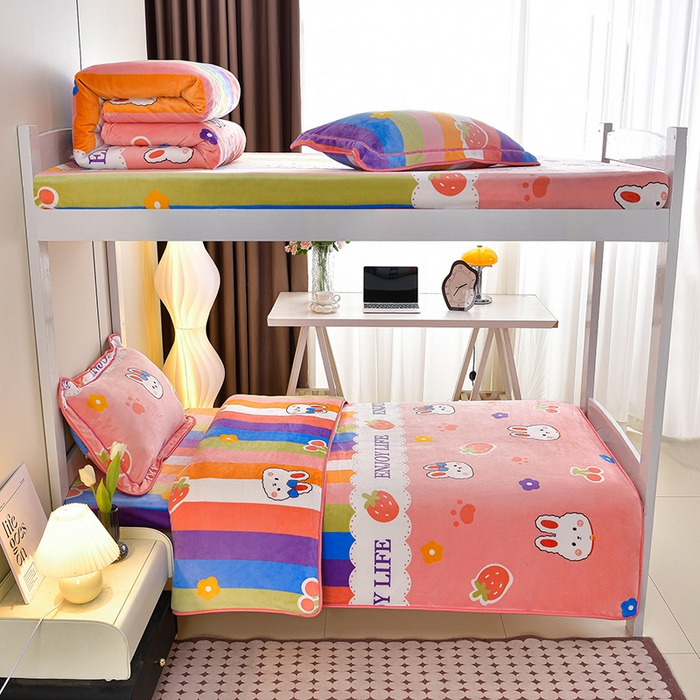 91家纺网 家纺一手货源 找家纺 （总）缘莉娜家纺 2025新款牛奶绒印花学生宿舍三件套上下铺三件套