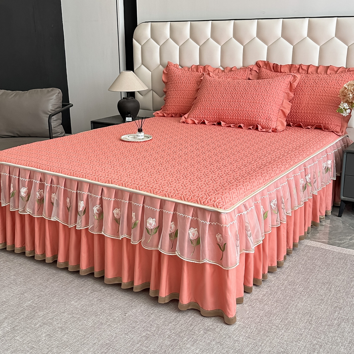 91家纺网 家纺一手货源 找家纺 手艺人家纺 2025新款全棉纯棉绗缝单床裙C01 床裙单件 床裙C01粉