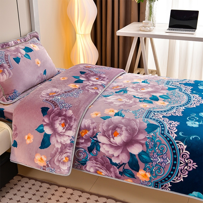 91家纺网 家纺一手货源 找家纺 缘莉娜家纺 2025新款牛奶绒印花学生宿舍三件套上下铺三件套 如花似锦