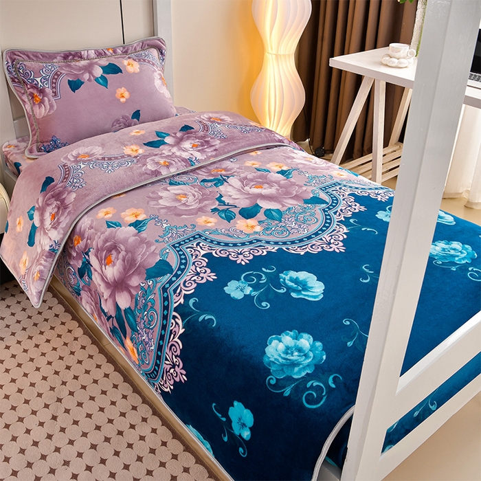 91家纺网 家纺一手货源 找家纺 缘莉娜家纺 2025新款牛奶绒印花学生宿舍三件套上下铺三件套 如花似锦