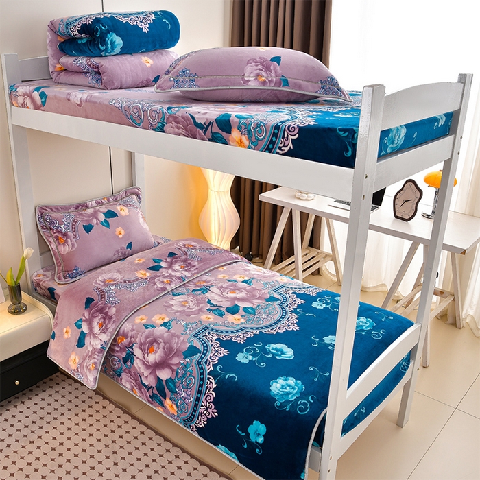 91家纺网 家纺一手货源 找家纺 缘莉娜家纺 2025新款牛奶绒印花学生宿舍三件套上下铺三件套 如花似锦