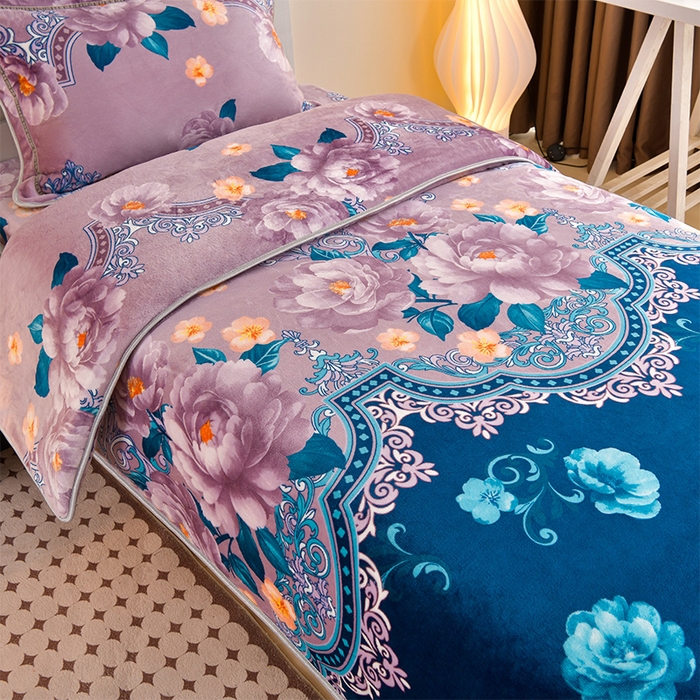 91家纺网 家纺一手货源 找家纺 缘莉娜家纺 2025新款牛奶绒印花学生宿舍三件套上下铺三件套 如花似锦